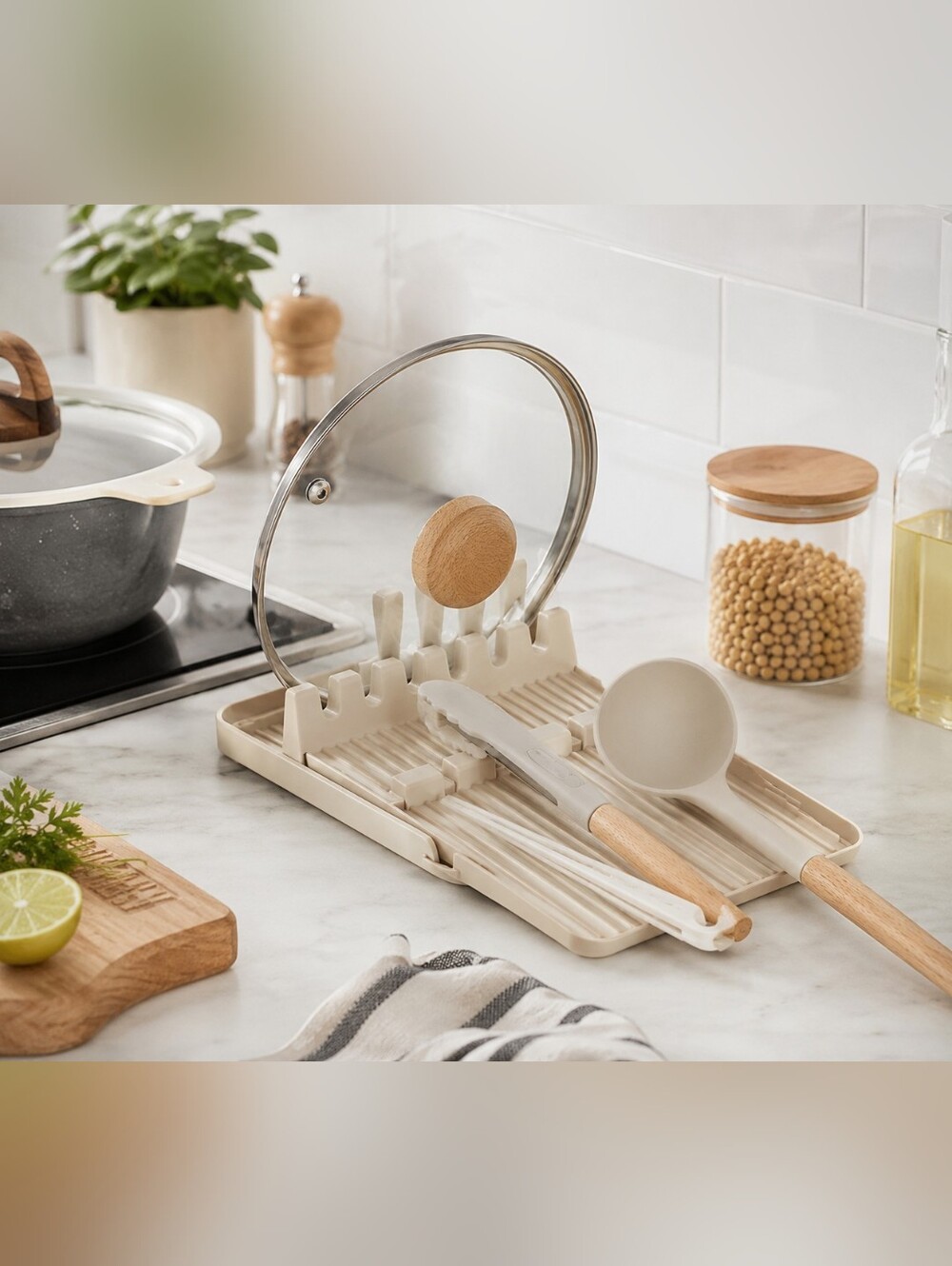 Expandable Spoon Rest‎ & Pot Lid Holder Beige Kitchen Utensil Organizer Tray